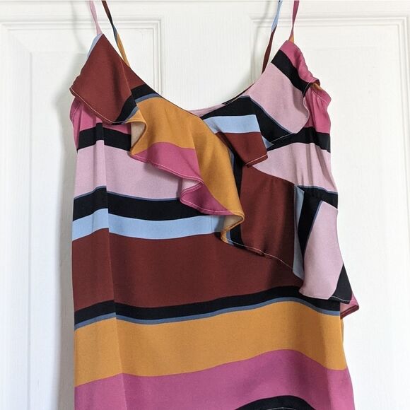 Tucker Assymetical Ruffle Tank Top Mesa Stripe in Stretch Georgette Silk Blouse - Picture 2 of 6